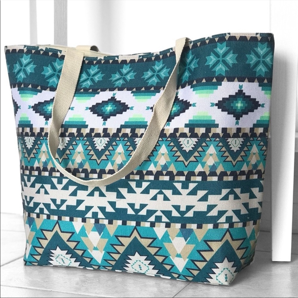 Aztec Print Green Blue Teal Summer Tote Bag - Picture 3 of 8